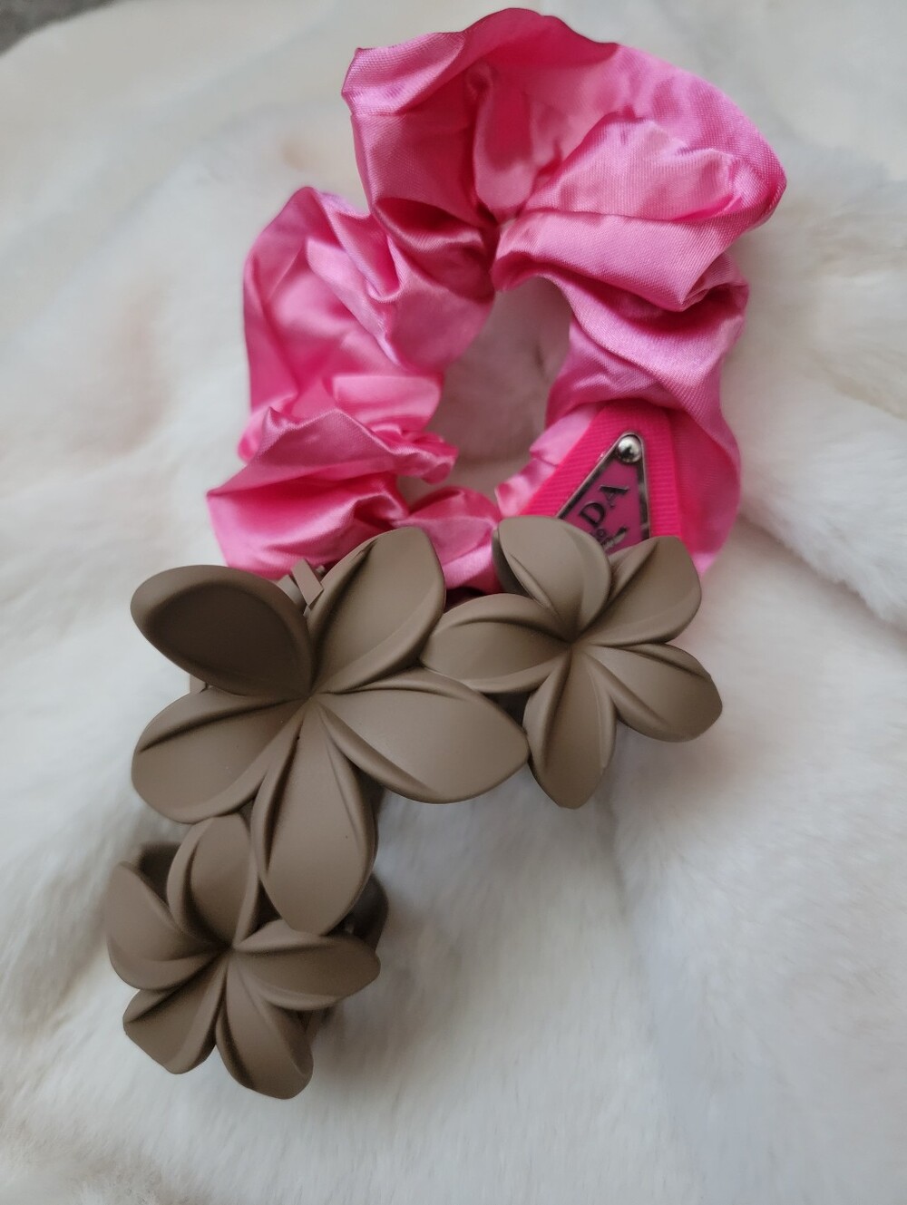 2pcs Pink Satin Scrunchie with Taupe Flower Hair Clip